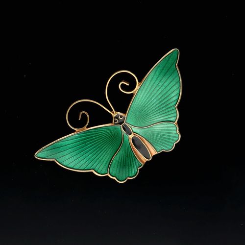 Green Enamel and Silver Gilt Butterfly Brooch by David Andersen image-1