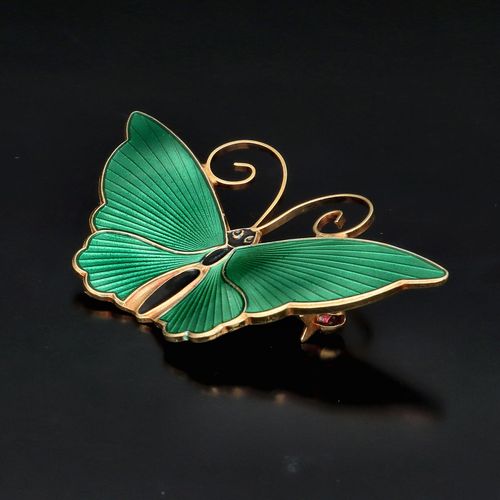 Green Enamel and Silver Gilt Butterfly Brooch by David Andersen image-3
