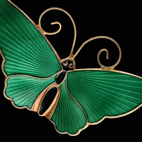 Green Enamel and Silver Gilt Butterfly Brooch by David Andersen image-2