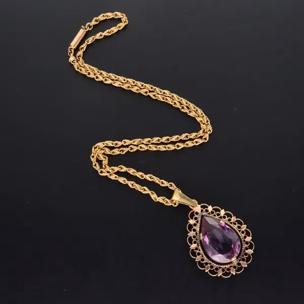 Edwardian 9ct Yellow Gold Rope Chain With Pear-Cut Amethyst Pendant