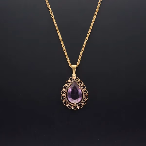 Edwardian 9ct Yellow Gold Rope Chain With Pear-Cut Amethyst Pendant