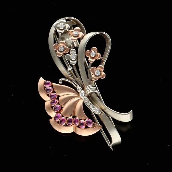 Vintage 14ct Gold Diamond and Ruby Butterfly Clip