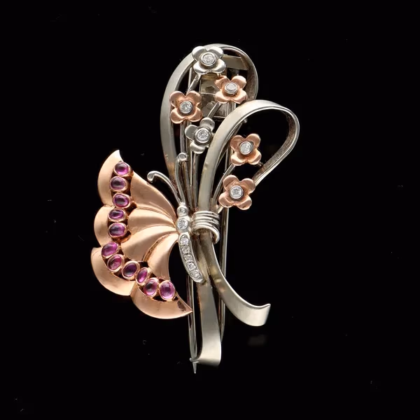 Vintage 14ct Gold Diamond and Ruby Butterfly Clip