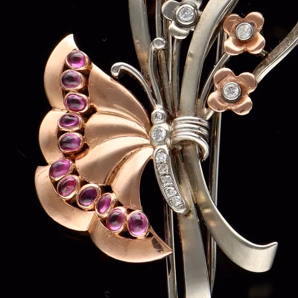 Vintage 14ct Gold Diamond and Ruby Butterfly Clip
