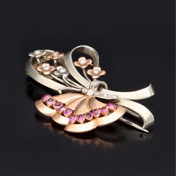 Vintage 14ct Gold Diamond and Ruby Butterfly Clip