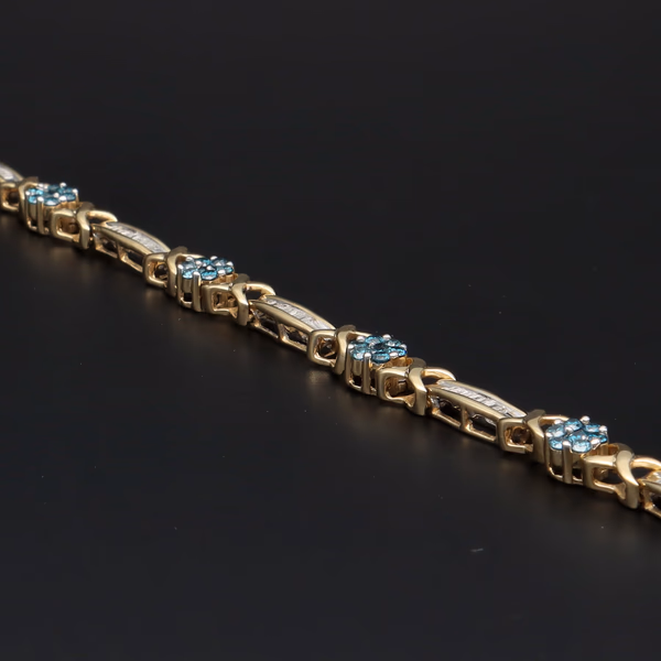 14ct Yellow Gold Daisy Cluster & Baguette Diamond Link Bracelet