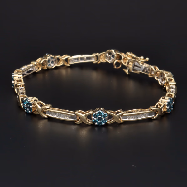 14ct Yellow Gold Daisy Cluster & Baguette Diamond Link Bracelet