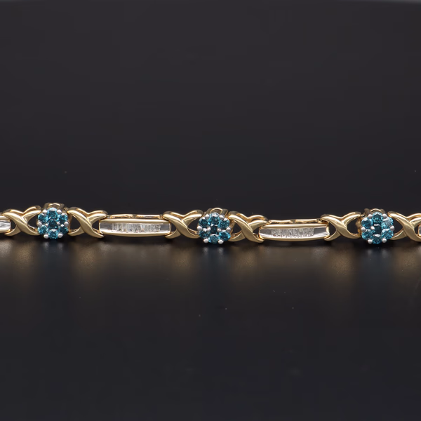 14ct Yellow Gold Daisy Cluster & Baguette Diamond Link Bracelet