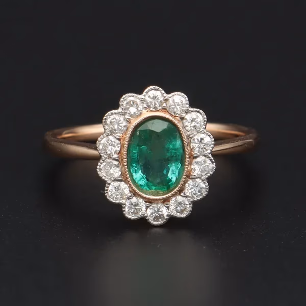 14KT Gold Emerald and Diamond Cluster Ring