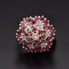Retro 9ct Rose Gold Ruby & Diamond Bombe Ring