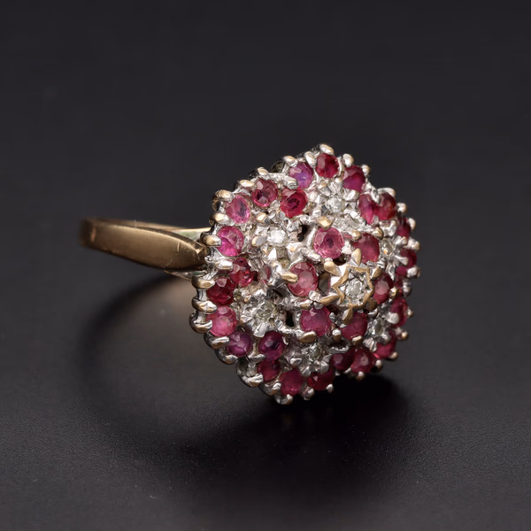 Retro 9ct Rose Gold Ruby & Diamond Bombe Ring