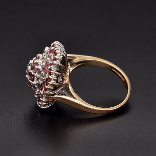 Retro 9ct Rose Gold Ruby & Diamond Bombe Ring