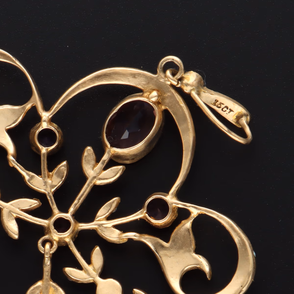 15ct Gold Amethyst & Seed Pearl Foliate Drop Brooch