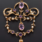 15ct Gold Amethyst & Seed Pearl Foliate Drop Brooch