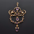 15ct Gold Amethyst & Seed Pearl Foliate Drop Brooch