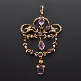 15ct Gold Amethyst & Seed Pearl Foliate Drop Brooch