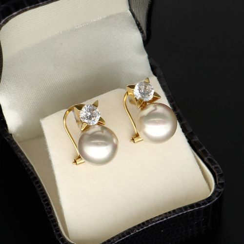 14ct Gold Pearl and CZ Earrings image-1