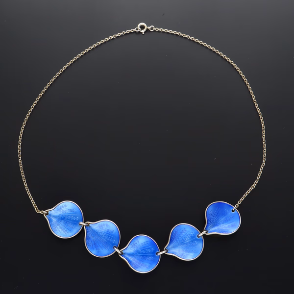 Vintage Finn Jensen Norwegian Sterling Silver & Blue Enamel "Shell" Fringe Necklace