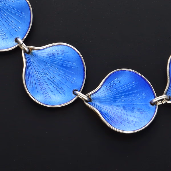 Vintage Finn Jensen Norwegian Sterling Silver & Blue Enamel "Shell" Fringe Necklace