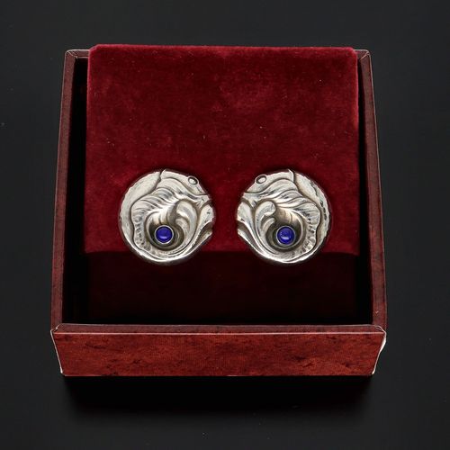 Pair of Georg Jensen Silver and Lapis Lazuli Earclips image-1