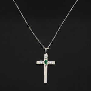 18ct White Gold Diamond and Emerald Cross Pendant