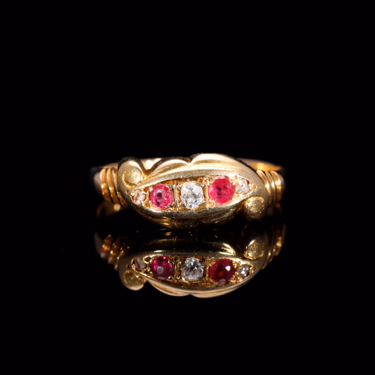 360° view of The Antique 1919 Diamond and Ruby Scroll Ring