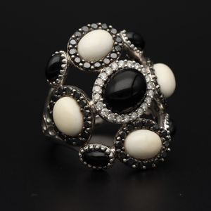 Unusual 14ct Gold Onyx Coral and Diamond Ring