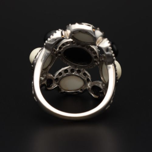 Unusual 14ct Gold Onyx Coral and Diamond Ring image-4