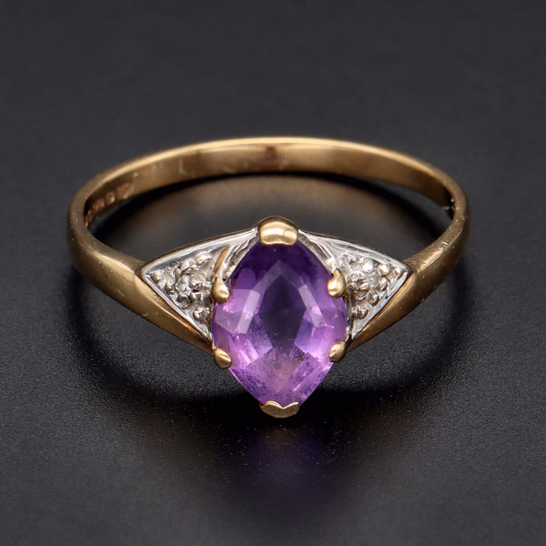 9ct Gold Amethyst Diamond Dress Ring