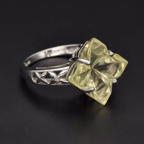 Unusual White Gold Quatrafoil Shape Citrine & Diamond Ring