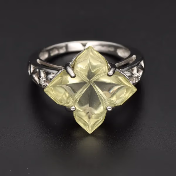 Unusual White Gold Quatrafoil Shape Citrine & Diamond Ring