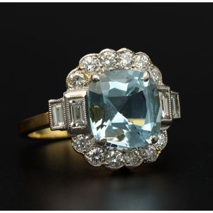 Art Deco Style 18ct Aquamarine and Diamond Ring