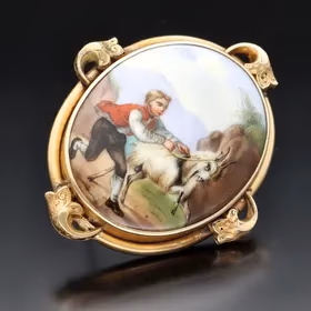 Vintage 15ct Gold Framed Hand Painted Ceramic Brooch