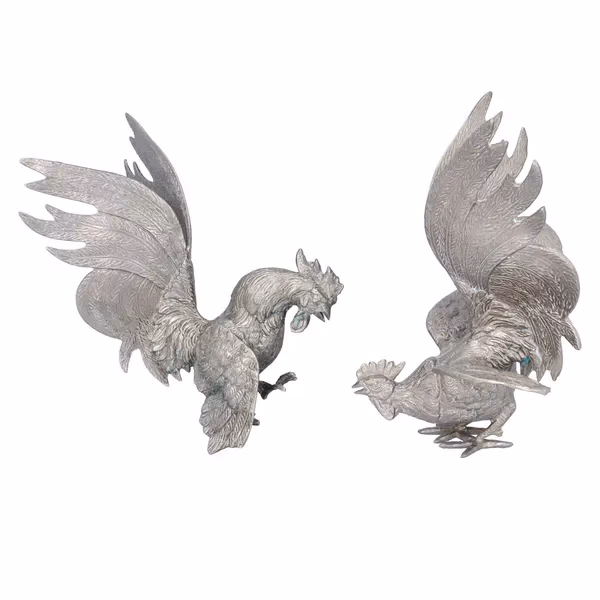 Pair Of Silver Plated Fighting Cockerels