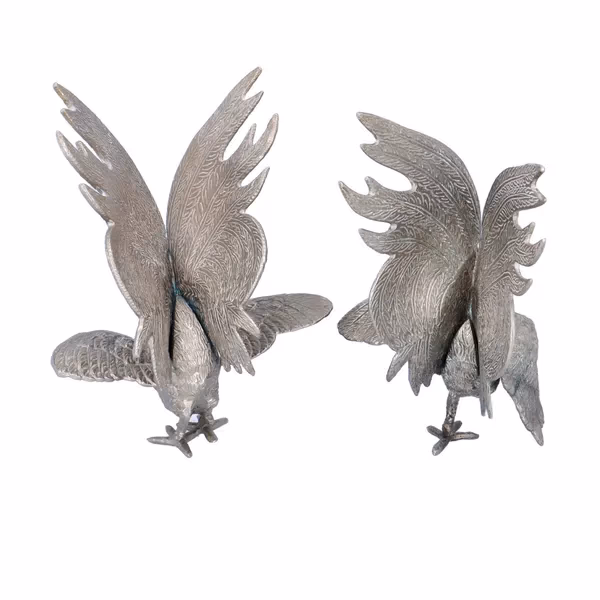 Pair Of Silver Plated Fighting Cockerels
