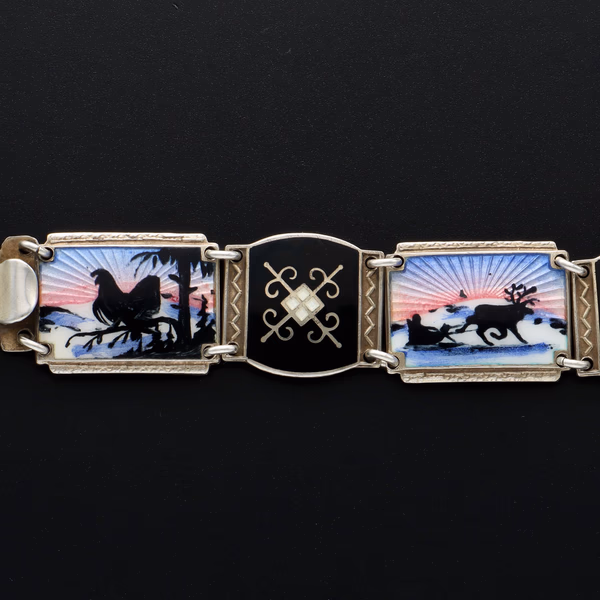 Vintage Norwegian Sterling Silver Hand Painted Enamel Bracelet by Ivar T Holth