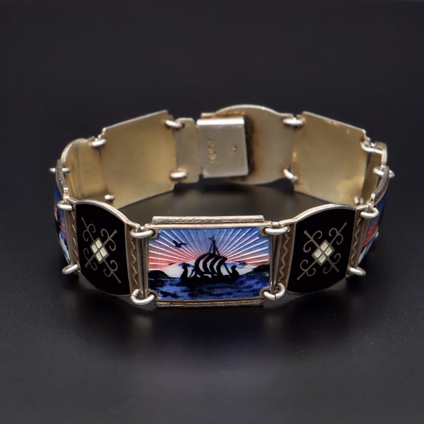 Vintage Norwegian Sterling Silver Hand Painted Enamel Bracelet by Ivar T Holth