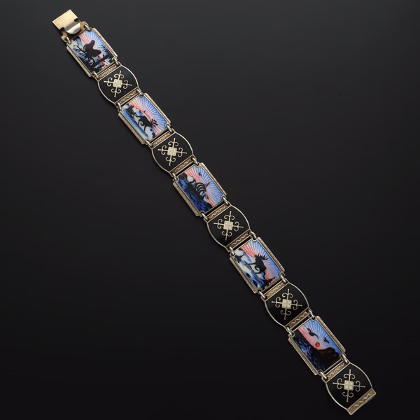 Vintage Norwegian Sterling Silver Hand Painted Enamel Bracelet by Ivar T Holth