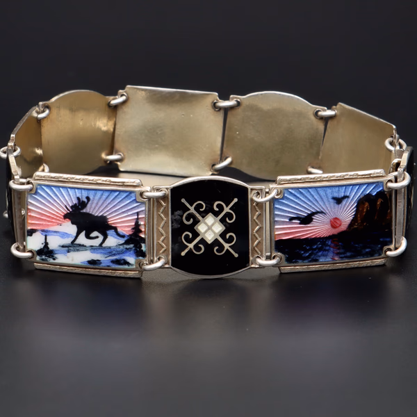 Vintage Norwegian Sterling Silver Hand Painted Enamel Bracelet by Ivar T Holth