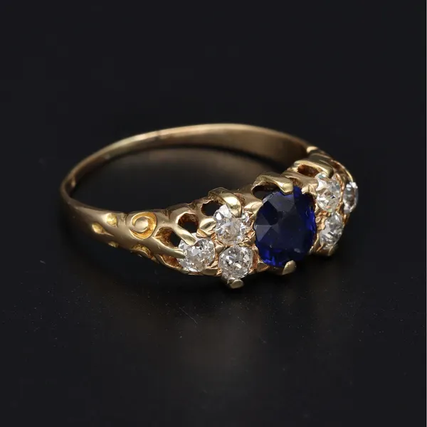 Victorian Yellow Metal Sapphire and Old Cut Diamond Ring