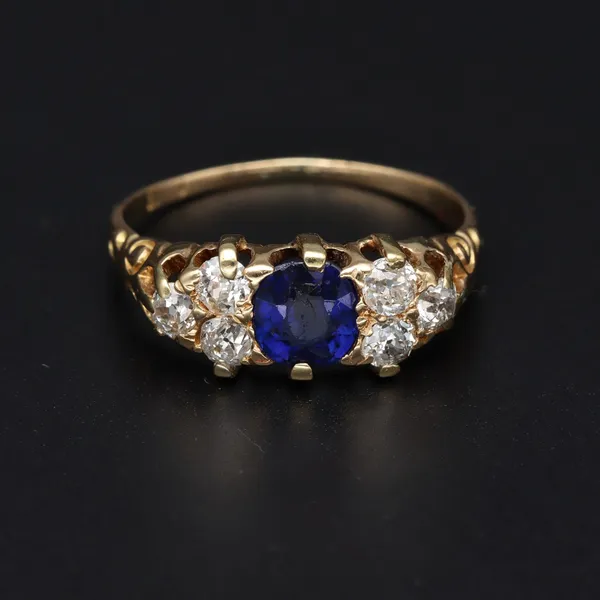 Victorian Yellow Metal Sapphire and Old Cut Diamond Ring