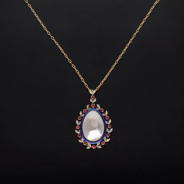 14k Gold Ruby Diamond Enamel and Blister Pearl Pendant