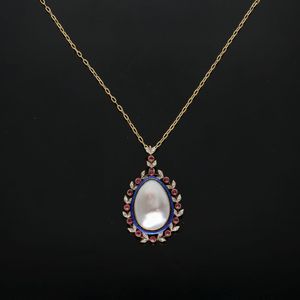 14k Gold Ruby Diamond Enamel and Blister Pearl Pendant