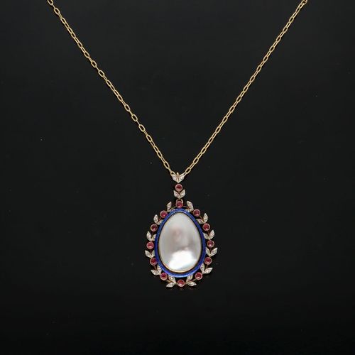 14k Gold Ruby Diamond Enamel and Blister Pearl Pendant image-1