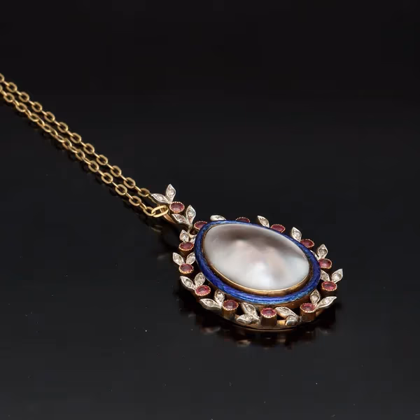 14k Gold Ruby Diamond Enamel and Blister Pearl Pendant