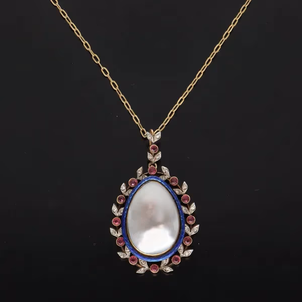 14k Gold Ruby Diamond Enamel and Blister Pearl Pendant