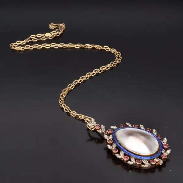 14k Gold Ruby Diamond Enamel and Blister Pearl Pendant