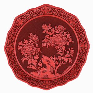 Chinese Red Cinnabar Lotus Shaped Dish