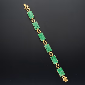 Art Deco Green Jade & Gold Metal Bracelet