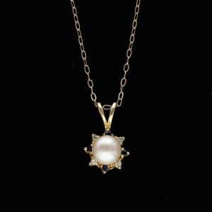 14k Gold Cultured Pearl Diamond and Sapphire Pendant Necklace